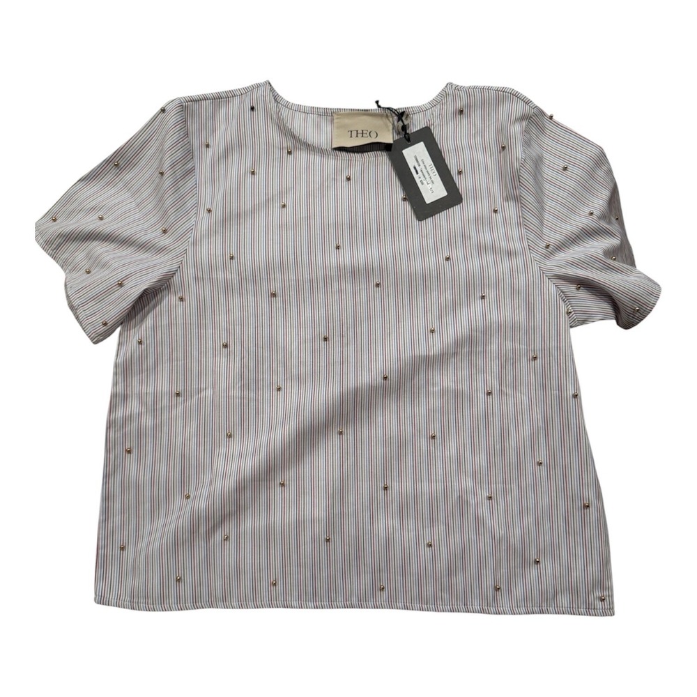 THEO The Label Women Striped Short Sleeve Blouse Gold Bead Top Size Small NWT